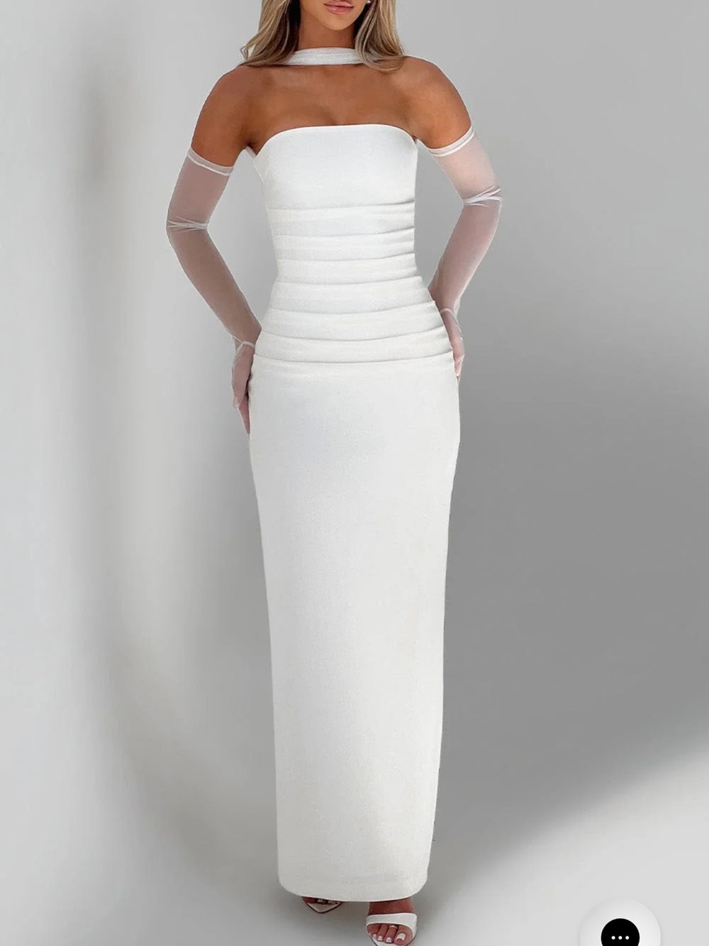 BabyBoo Yulia Maxi Dress White Strapless Column Dress with Sheer Long Gloves